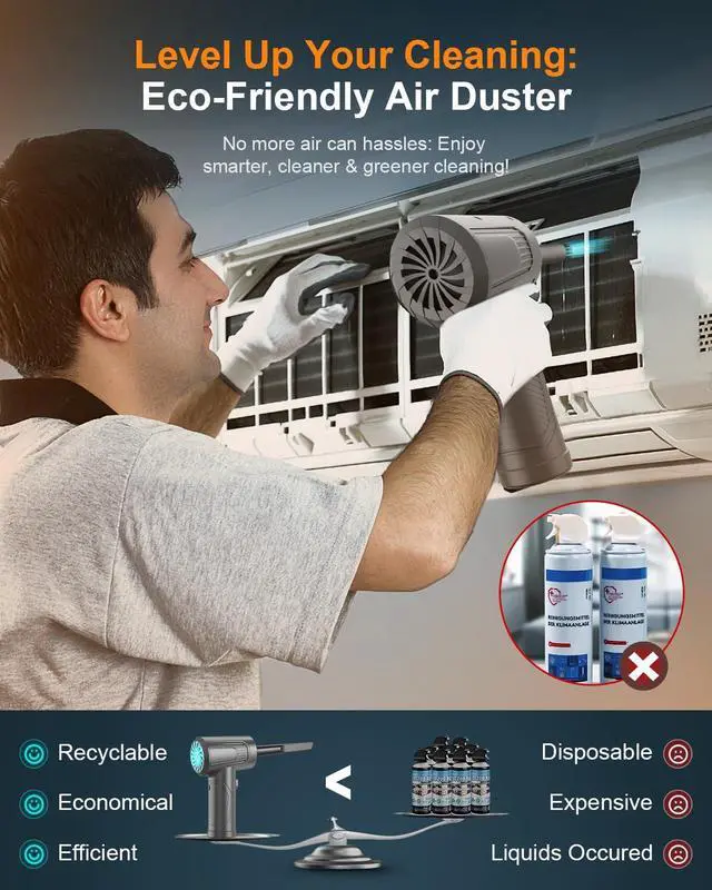 Alt view image 12 of 14 - 11-in-1 Compressed Air Duster, 3-Gear Adjustable 120000 RPM Electric Air Duster with LED Light, Reusable no Canned Keyboard Cleaner for Office, 9000mAh Cordless Air Duster for Computer/Car