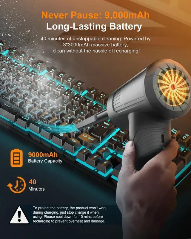 Alt view image 10 of 14 - 11-in-1 Compressed Air Duster, 3-Gear Adjustable 120000 RPM Electric Air Duster with LED Light, Reusable no Canned Keyboard Cleaner for Office, 9000mAh Cordless Air Duster for Computer/Car