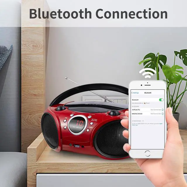 Alt view image 9 of 14 - Portable CD Player Boombox AM FM Radio, Bluetooth, USB Port CD-R/RW, MP3 CDs, 3.5mm Aux Input and Headphone Jack-Dual Power AC/Battery Stereo Sound System for Home & Outdoor(Firmist Red)