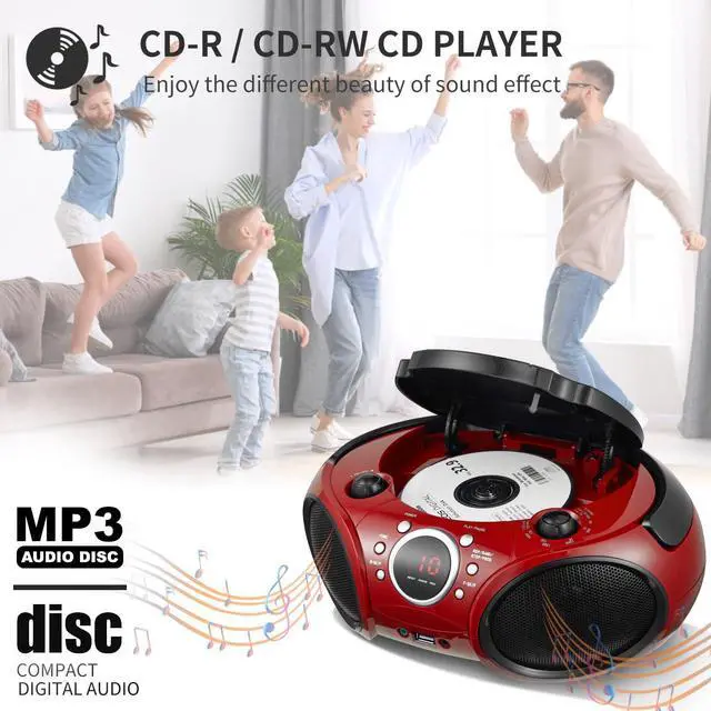 Alt view image 11 of 14 - Portable CD Player Boombox AM FM Radio, Bluetooth, USB Port CD-R/RW, MP3 CDs, 3.5mm Aux Input and Headphone Jack-Dual Power AC/Battery Stereo Sound System for Home & Outdoor(Firmist Red)