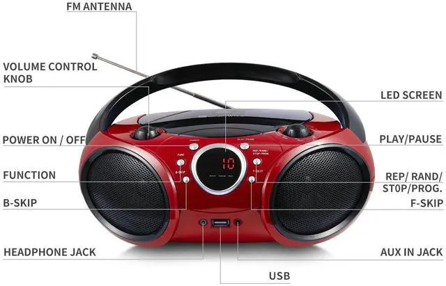 Alt view image 14 of 14 - Portable CD Player Boombox AM FM Radio, Bluetooth, USB Port CD-R/RW, MP3 CDs, 3.5mm Aux Input and Headphone Jack-Dual Power AC/Battery Stereo Sound System for Home & Outdoor(Firmist Red)