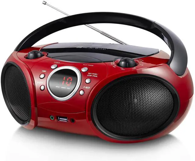 Alt view image 8 of 14 - Portable CD Player Boombox AM FM Radio, Bluetooth, USB Port CD-R/RW, MP3 CDs, 3.5mm Aux Input and Headphone Jack-Dual Power AC/Battery Stereo Sound System for Home & Outdoor(Firmist Red)