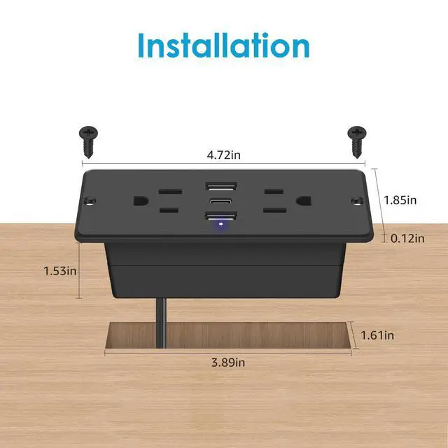 Alt view image 10 of 14 - 5 in 1 Recessed Power Strip Flat Plug, 20W Fast Charging Furniture Outlet with USB, Conference Recessed Socket with 2 AC Plugs, 2 USB Ports 1 USB-C, 6ft Power Cord. (Black)