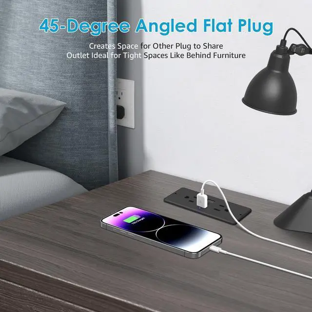 Alt view image 12 of 14 - 5 in 1 Recessed Power Strip Flat Plug, 20W Fast Charging Furniture Outlet with USB, Conference Recessed Socket with 2 AC Plugs, 2 USB Ports 1 USB-C, 6ft Power Cord. (Black)
