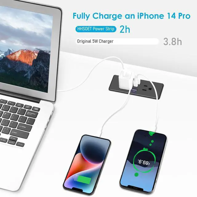 Alt view image 14 of 14 - 5 in 1 Recessed Power Strip Flat Plug, 20W Fast Charging Furniture Outlet with USB, Conference Recessed Socket with 2 AC Plugs, 2 USB Ports 1 USB-C, 6ft Power Cord. (Black)