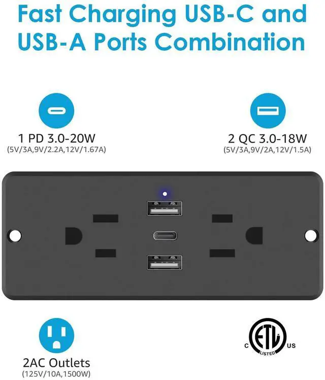 Alt view image 9 of 14 - 5 in 1 Recessed Power Strip Flat Plug, 20W Fast Charging Furniture Outlet with USB, Conference Recessed Socket with 2 AC Plugs, 2 USB Ports 1 USB-C, 6ft Power Cord. (Black)