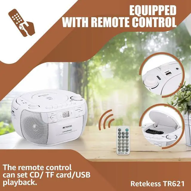 Alt view image 10 of 14 - TR621 CD and Cassette Player Combo, Boombox CD Player for Home, AM/FM, Tape Recording, TF/USB Drive, AC or D Battery Powered, Headphone Jack, Stereo Sound (White)