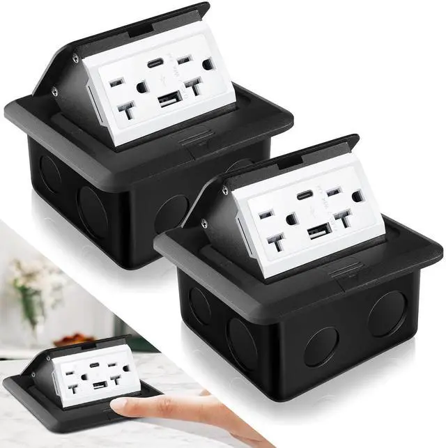 Alt view image 8 of 14 - 2 Pack Pop up Floor Outlet Floor Kit Waterproof Electrical Outlet Cover Box with 4.8A USB A & Type C Charge and 20 Amp Tamper Resistant Socket Receptacle for Countertop Office Home(Black)