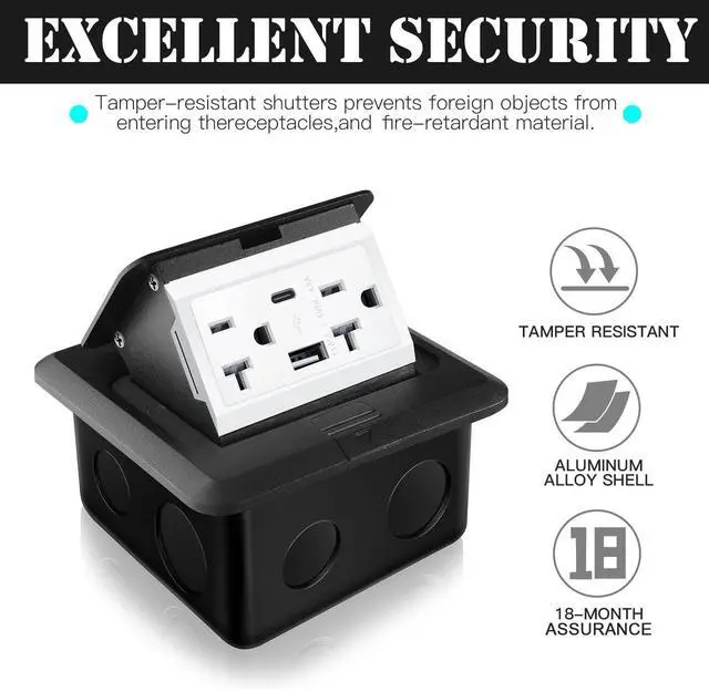 Alt view image 11 of 14 - 2 Pack Pop up Floor Outlet Floor Kit Waterproof Electrical Outlet Cover Box with 4.8A USB A & Type C Charge and 20 Amp Tamper Resistant Socket Receptacle for Countertop Office Home(Black)