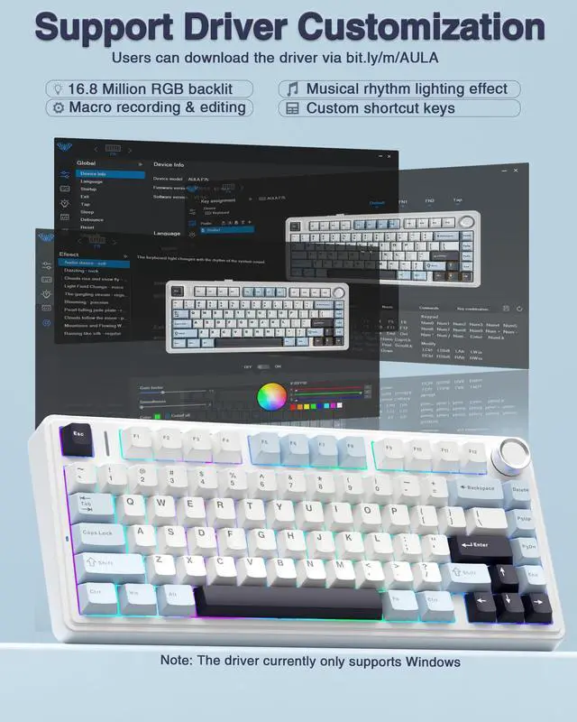 Alt view image 14 of 14 - F75 75% Wireless Mechanical Keyboard, Hot Swappable Creamy Keyboard, Pre-lubed Reaper Switches, 2.4GHz/Type-C/BT5.0, RGB Backlit Gaming Keyboards(White & Blue)