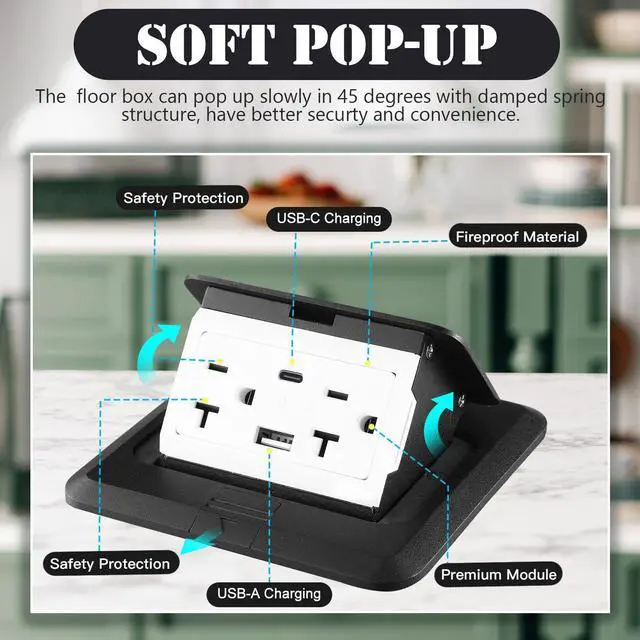 Alt view image 10 of 14 - 2 Pack Pop up Floor Outlet Floor Kit Waterproof Electrical Outlet Cover Box with 4.8A USB A & Type C Charge and 20 Amp Tamper Resistant Socket Receptacle for Countertop Office Home(Black)