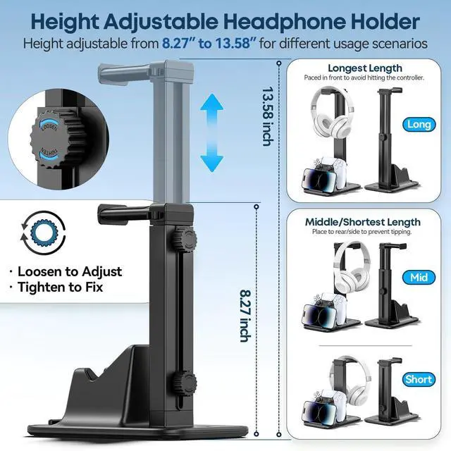 Alt view image 10 of 14 - Gaming Headset & Controller Stand, Rotating Headphone Storage with Controller & Phone Holder, Game Desk Storage with Cable Organizer for PS5/PS4/XBOX PC Gamer Essentials Organizer Gift Accessories