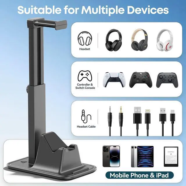 Alt view image 9 of 14 - Gaming Headset & Controller Stand, Rotating Headphone Storage with Controller & Phone Holder, Game Desk Storage with Cable Organizer for PS5/PS4/XBOX PC Gamer Essentials Organizer Gift Accessories
