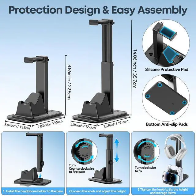 Alt view image 12 of 14 - Gaming Headset & Controller Stand, Rotating Headphone Storage with Controller & Phone Holder, Game Desk Storage with Cable Organizer for PS5/PS4/XBOX PC Gamer Essentials Organizer Gift Accessories