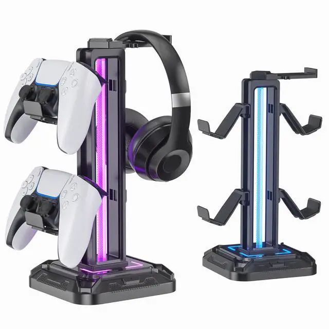 Alt view image 8 of 14 - RGB Headset Stand with 9 Light Modes - Controller Holder for Desk - Rotatable Headphone Stand & Detachable Controller Hook for PC Earphone Accessories(Black)