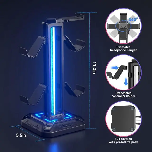 Alt view image 11 of 14 - RGB Headset Stand with 9 Light Modes - Controller Holder for Desk - Rotatable Headphone Stand & Detachable Controller Hook for PC Earphone Accessories(Black)