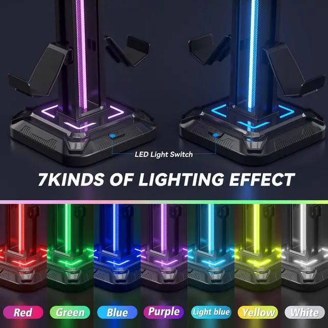 Alt view image 10 of 14 - RGB Headset Stand with 9 Light Modes - Controller Holder for Desk - Rotatable Headphone Stand & Detachable Controller Hook for PC Earphone Accessories(Black)