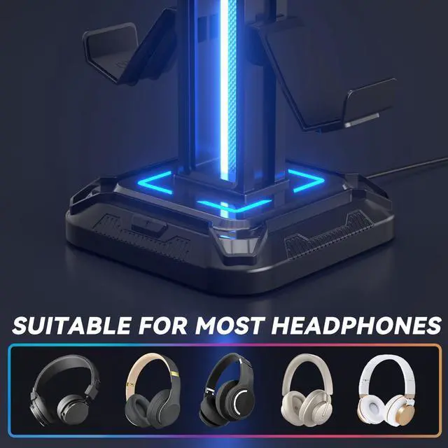 Alt view image 12 of 14 - RGB Headset Stand with 9 Light Modes - Controller Holder for Desk - Rotatable Headphone Stand & Detachable Controller Hook for PC Earphone Accessories(Black)