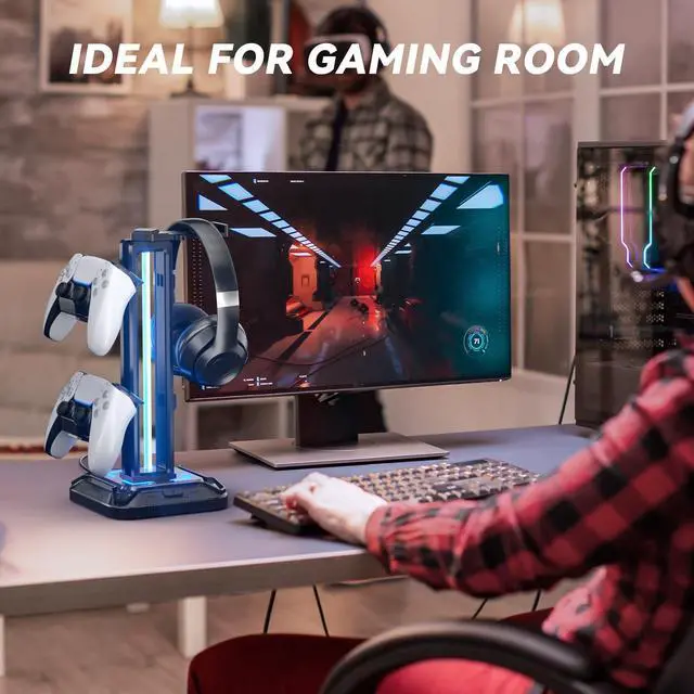 Alt view image 14 of 14 - RGB Headset Stand with 9 Light Modes - Controller Holder for Desk - Rotatable Headphone Stand & Detachable Controller Hook for PC Earphone Accessories(Black)