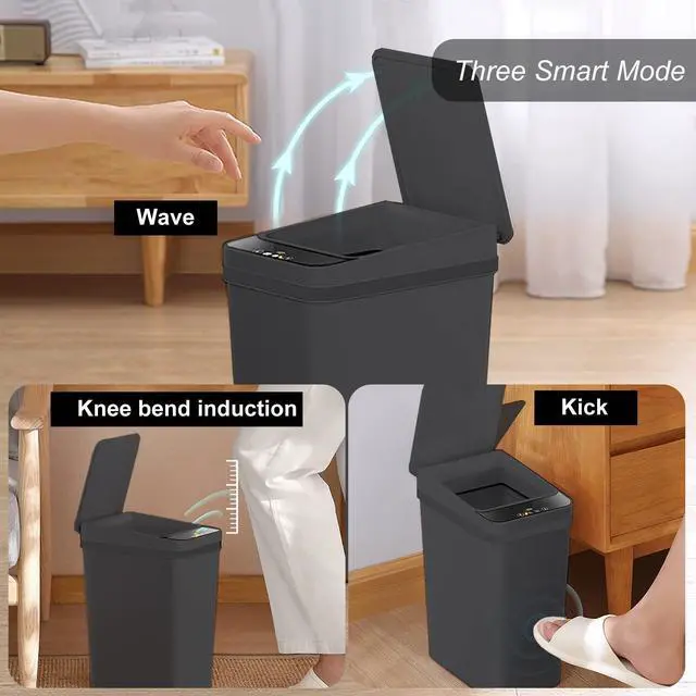 Alt view image 9 of 14 - Touchless Bathroom Trash Can - 2.5 Gallon Smart Trash Can Sensor Motion - Skinny Trash Bin with Lid - Electric, Narrow, Plastic, Auto Open - Small Slim Automatic Garbage Can (Black)