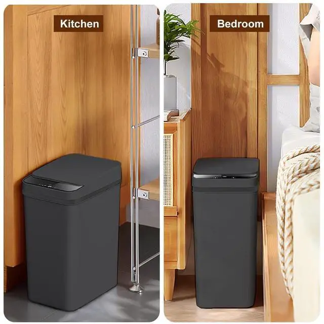 Alt view image 13 of 14 - Touchless Bathroom Trash Can - 2.5 Gallon Smart Trash Can Sensor Motion - Skinny Trash Bin with Lid - Electric, Narrow, Plastic, Auto Open - Small Slim Automatic Garbage Can (Black)