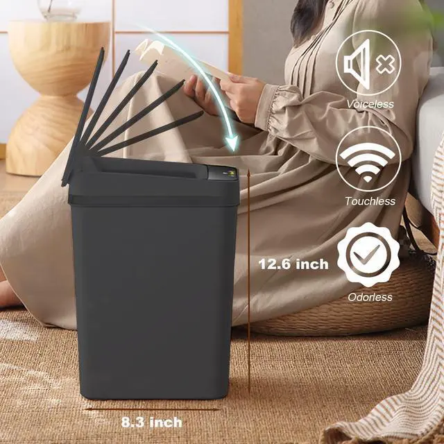 Alt view image 14 of 14 - Touchless Bathroom Trash Can - 2.5 Gallon Smart Trash Can Sensor Motion - Skinny Trash Bin with Lid - Electric, Narrow, Plastic, Auto Open - Small Slim Automatic Garbage Can (Black)