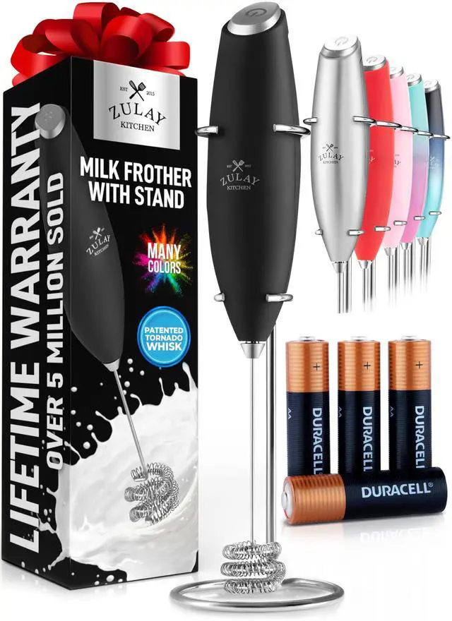 Alt view image 8 of 14 - Patented Tornado Triple Whisk Milk Frother with 4 Duracell Batteries Handheld Foam Maker for Coffee, Lattes, Matcha & Hot Chocolate Rich, Creamy Froth in Seconds - Alpha Black
