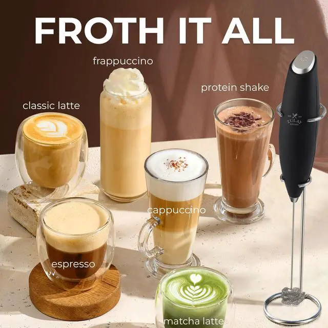Alt view image 10 of 14 - Patented Tornado Triple Whisk Milk Frother with 4 Duracell Batteries Handheld Foam Maker for Coffee, Lattes, Matcha & Hot Chocolate Rich, Creamy Froth in Seconds - Alpha Black
