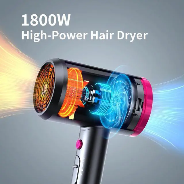 Alt view image 9 of 14 - Ionic Hair Dryer with Diffuser, Powerful 1800W Blow Dryer for Women & Men, Fast-Drying Hair Dryer with Nozzle for Home, Salon, Travel