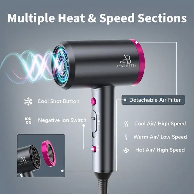 Alt view image 11 of 14 - Ionic Hair Dryer with Diffuser, Powerful 1800W Blow Dryer for Women & Men, Fast-Drying Hair Dryer with Nozzle for Home, Salon, Travel