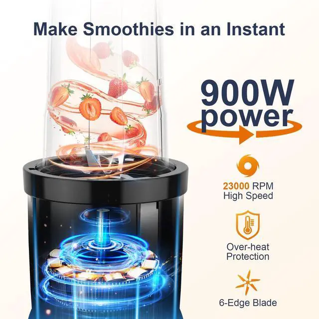 Alt view image 9 of 13 - Smoothie Blender, 900W Personal Blender for Shakes and Smoothies for Kitchen with 2 Portable Cups 22oz, Single Serve Smoothies Maker Mixer for Juices, Nutritious Recipe, Grey Blue