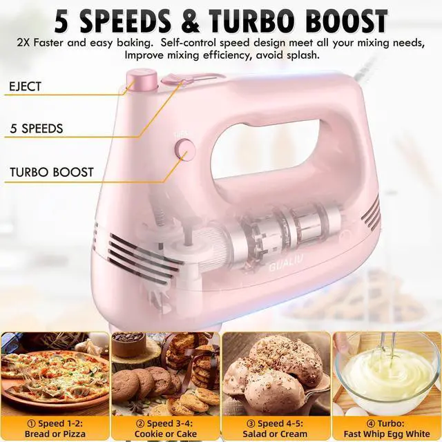 Alt view image 11 of 14 - Electric Hand Mixer with Stainless Steel Whisk, Dough Hook Attachment and Storage Bag, Handheld Mixer for Baking Cakes, Eggs, Cream Food Mixers. Turbo Boost /5 Speed Kitchen Blender PINK