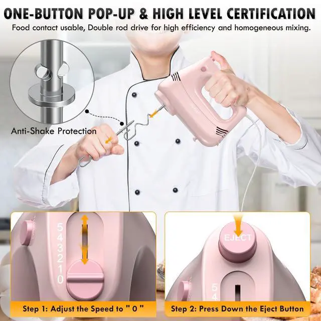 Alt view image 13 of 14 - Electric Hand Mixer with Stainless Steel Whisk, Dough Hook Attachment and Storage Bag, Handheld Mixer for Baking Cakes, Eggs, Cream Food Mixers. Turbo Boost /5 Speed Kitchen Blender PINK