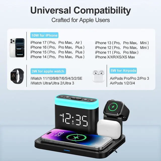 Alt view image 10 of 14 - Wireless Charging Station,5 in 1 Multiple Charger Stand with Alarm Clock,7 Night Light,Mag-Safe Charging Dock for iPhone 17 16 15 14 13 12 Pro Max Plus,Apple Watch 11/10/9/8,for Airpods,Bedroom