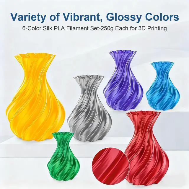 Alt view image 9 of 14 - 3D Printer Filament Bundle, Silk PLA 6 Colors - High Gloss, Super Shiny & Smooth, Beginner-Friendly for Daily DIY, 250gX6 Spools (Gold/Silver/Red/Green/Blue/Purple)