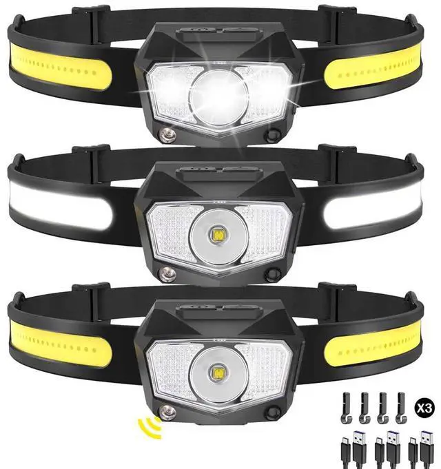 Alt view image 8 of 14 - Headlamp Rechargeable 3Pack, 230°Wide Beam COB & 60° Super Birght LED Head Lamp with White Red Light, 7Mode Head Lights for Forehead with Motion Sensor, Headlamps for Adults Camping Running Hiking