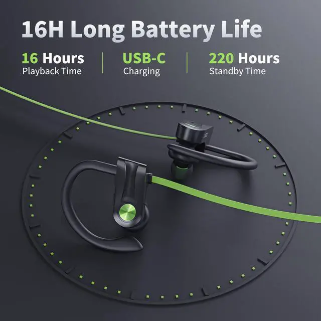 Alt view image 13 of 13 - Bluetooth Headphones, Wireless Earbuds IPX7 Waterproof Bluetooth 5.3 Headphones with 16Hrs Playtime Stereo Bass Headsets with Mic Running Headsets with Earhooks for Sports Running Workout