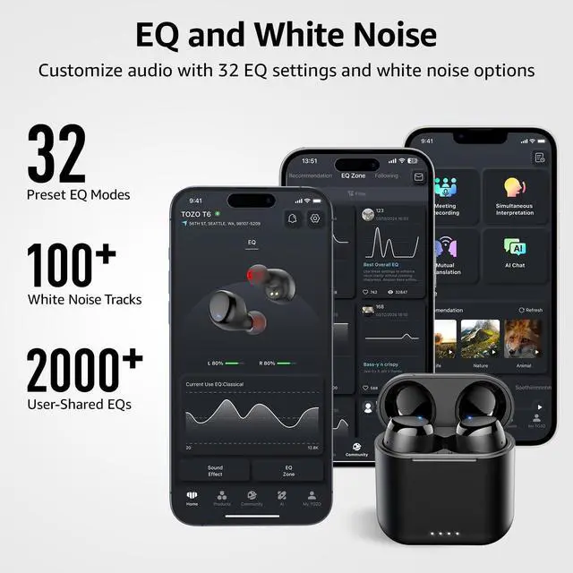 Alt view image 12 of 12 - T6 Wireless Earbuds, Bluetooth Ear Buds, Stereo Sound in Ear Headphones, 50 Hours Playtime, AI Clear Call, Wireless Charging Case, APP Customizable EQs, IPX8 Waterproof Earphones