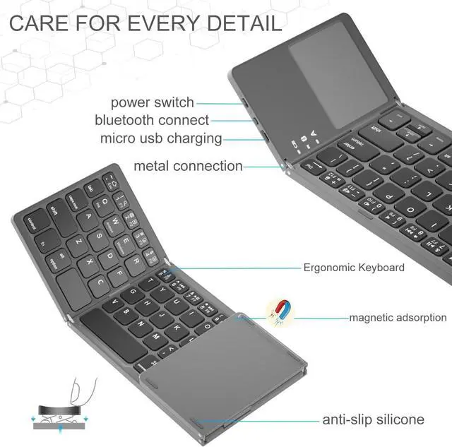 Alt view image 10 of 10 - Foldable Bluetooth Keyboard,Wireless Portable Keyboard with touchpad,Rechargeable Pocket-Size Folding Travel Keyboard for iOS,Android,Windows Devices-Space Gray