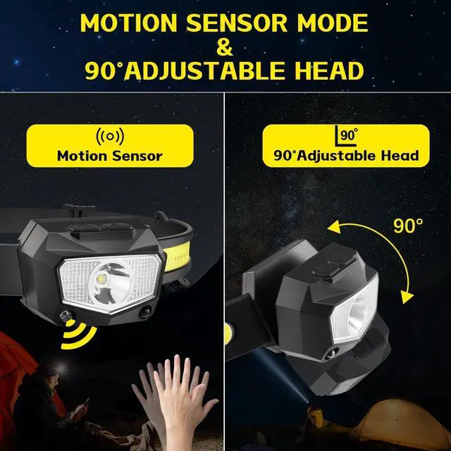 Alt view image 12 of 14 - Headlamp Rechargeable 3Pack, 230°Wide Beam COB & 60° Super Birght LED Head Lamp with White Red Light, 7Mode Head Lights for Forehead with Motion Sensor, Headlamps for Adults Camping Running Hiking