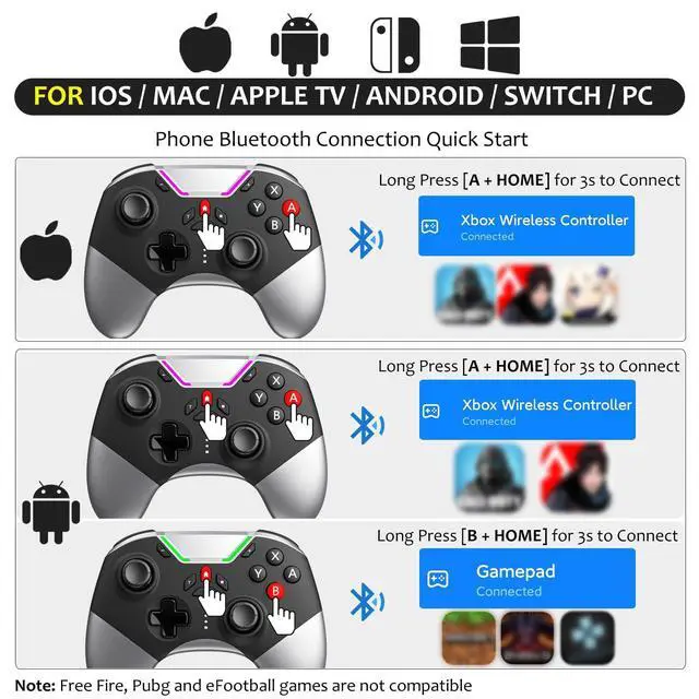 Alt view image 9 of 14 - Bluetooth Controller for Switch/PC/iPhone/Android/Apple Arcade MFi Games/TV/Steam, Hall Effect Joysticks Wireless Game Controller Gamepad with/Phone Clip/Lock Speed/Macro/6-Axis Gyro/Dual Motors/Turbo