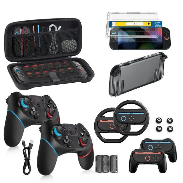 Alt view image 8 of 14 - Pro Controllers Accessories Bundle for Nintendo Switch 2 18-in-1: Carrying Case, Screen Protector, Thumb Grip for Joycon, Dockable Console Protective Cover Shell, Steering Wheel, 2025 Switch2 Game Kit