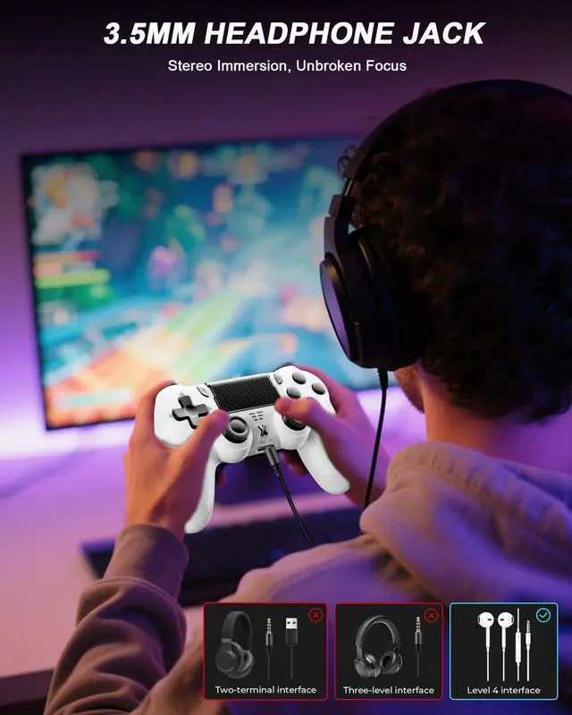 Alt view image 13 of 14 - Wireless Controller for PS-4, Dual Vibration Game Joystick/Motion Sensing/Touchpad/Speaker/3.5mm Audio Jack Headphone, Upgraded Six-Axis Sensor, Compatible with PS4/Slim/Pro Console/PC (white)