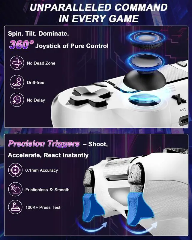 Alt view image 9 of 14 - Wireless Controller for PS-4, Dual Vibration Game Joystick/Motion Sensing/Touchpad/Speaker/3.5mm Audio Jack Headphone, Upgraded Six-Axis Sensor, Compatible with PS4/Slim/Pro Console/PC (white)