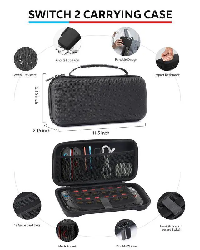 Alt view image 11 of 14 - Pro Controllers Accessories Bundle for Nintendo Switch 2 18-in-1: Carrying Case, Screen Protector, Thumb Grip for Joycon, Dockable Console Protective Cover Shell, Steering Wheel, 2025 Switch2 Game Kit