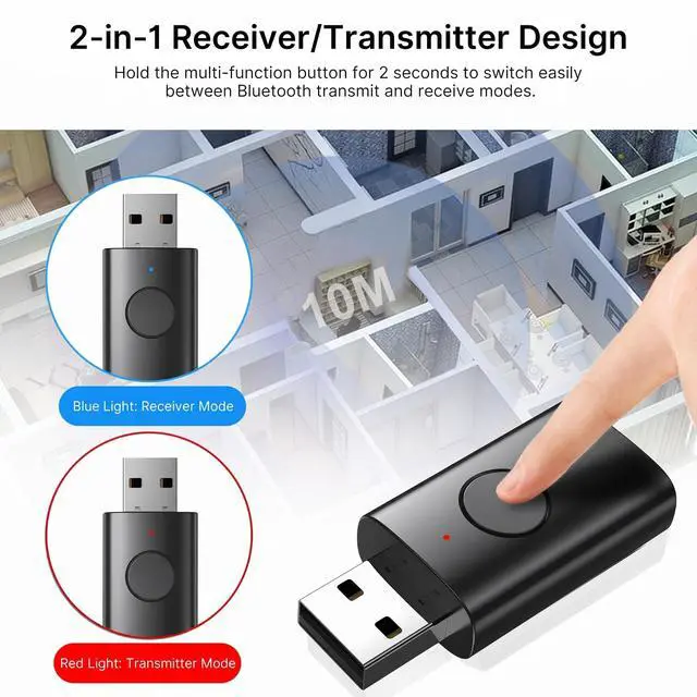 Alt view image 3 of 7 - AUX Bluetooth Adapter for Car, 2-in-1 Wireless Audio Receiver and Transmitter, Bluetooth 6.0 to 3.5mm Dongle with Noise-Canceling Mic for Home Stereo, TV, PC, USB Powered