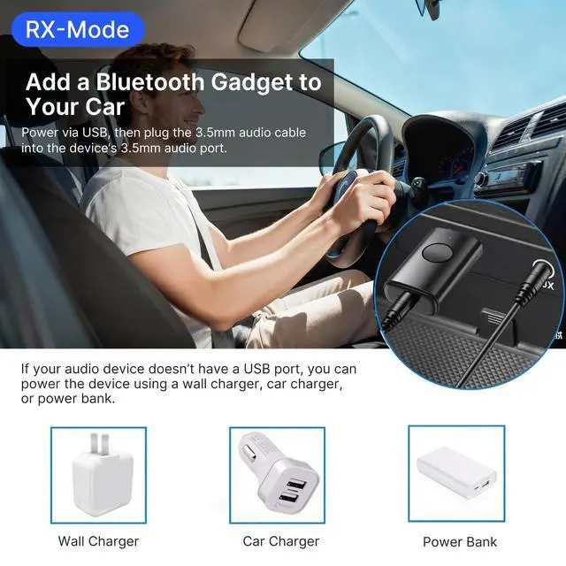 Alt view image 4 of 7 - AUX Bluetooth Adapter for Car, 2-in-1 Wireless Audio Receiver and Transmitter, Bluetooth 6.0 to 3.5mm Dongle with Noise-Canceling Mic for Home Stereo, TV, PC, USB Powered