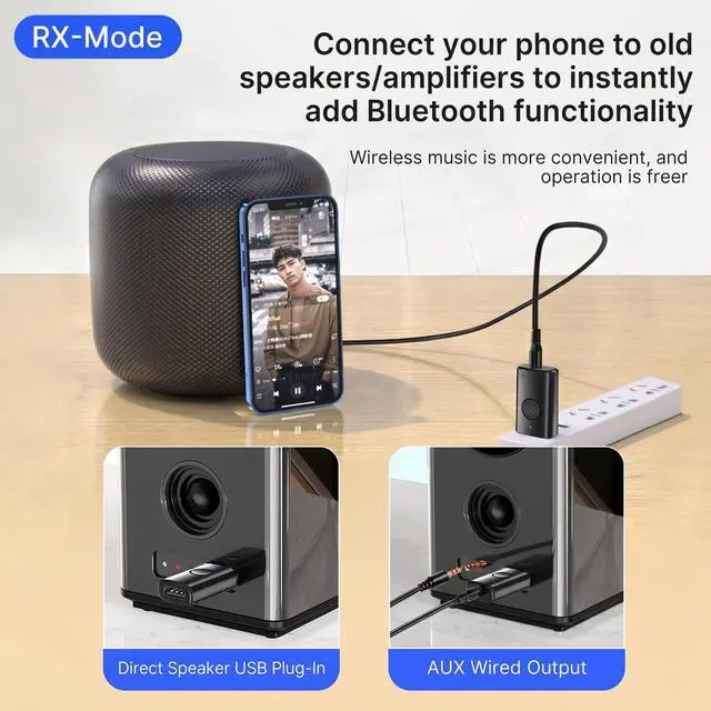 Alt view image 7 of 7 - AUX Bluetooth Adapter for Car, 2-in-1 Wireless Audio Receiver and Transmitter, Bluetooth 6.0 to 3.5mm Dongle with Noise-Canceling Mic for Home Stereo, TV, PC, USB Powered