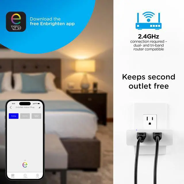 Alt view image 2 of 5 - Vibe Indoor Dual-Outlet WiFi Matter Smart Plug, 2.4GHz, No Hub Required, Compatible with Alexa and Google Assistant, Dual Grounded Plugin Outlets, 81198-TS1