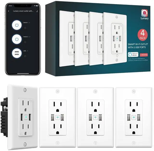 Main image of Smart Outlet, 2 USB Ports & 2 Plugs, 15 Amp WiFi USB Outlet Works with Alexa Google Home, ETL FCC Certified, Timer, Tamper-Resistant, 4Pack